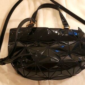 Crossbody Black Patten Leather Bag with Geometric Patterns, 9 1/2" x 7"
